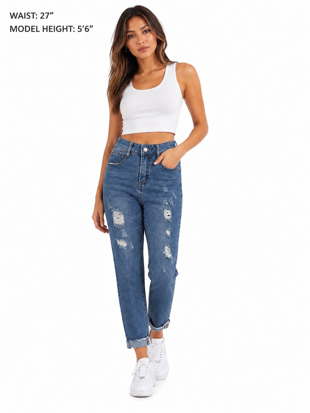 High-Rise Distressed Mom Jeans - Blue W27 L34 R11 IS23